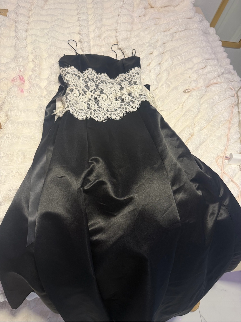 VINTAGE JESSICA McClintock Girls Black Satin Dress with White Lace Bodice